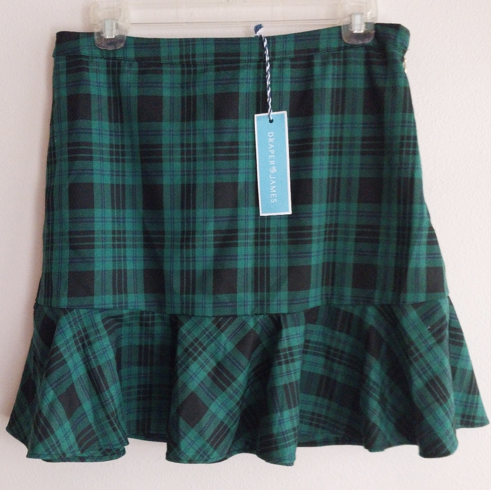 Draper James Green & Blue Plaid Ruffle Hem Preppy Mini Skirt NWT